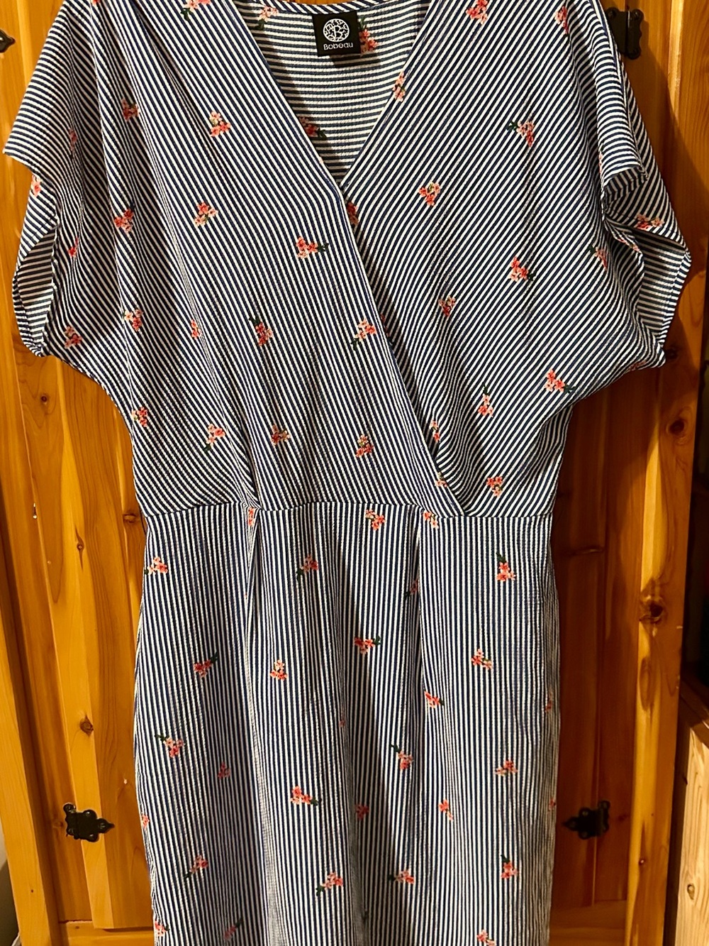 Bobeau Navy and White Striped Dress with Red Floral Design